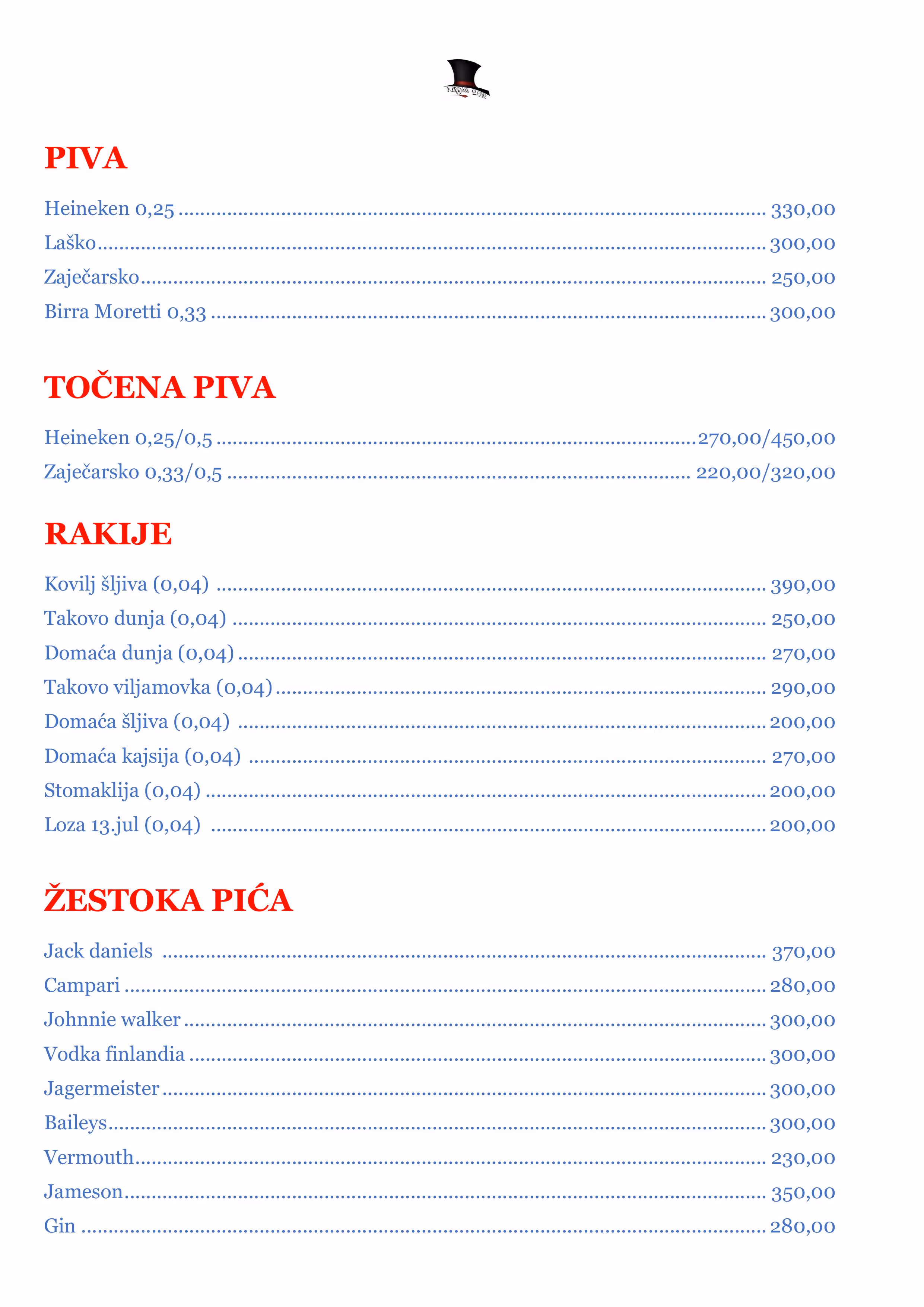 Menu listing rakije, hard liquors, and wines with prices in Serbian Cyrillic and Latin scripts.